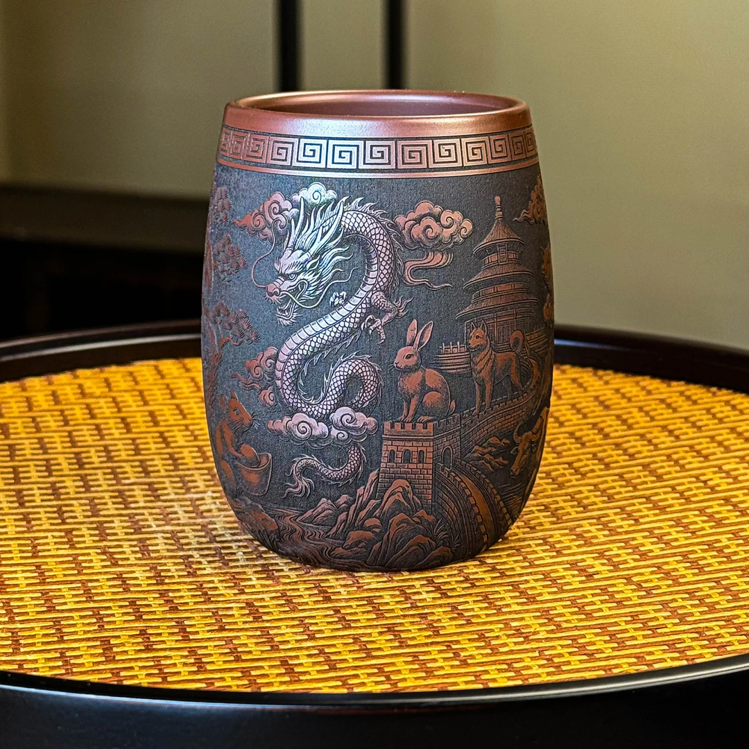 宜兴全手工紫砂茶具 原矿石红泥料刻绘紫砂十二生肖主人杯品茗杯