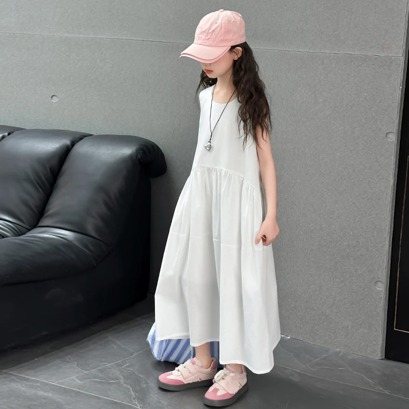 女童连衣裙夏季2025新款儿童裙子夏装洋气大童无袖白色薄款公主裙