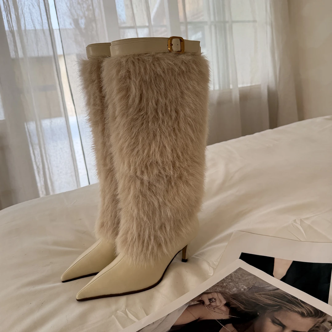 宋熙熙2025秋冬可拆卸两穿毛毛靴尖头细跟辣妹长靴中高跟高筒靴女
