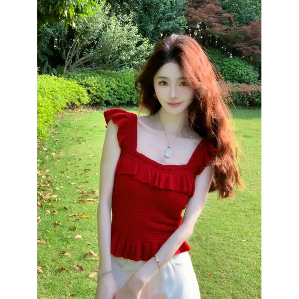 法式纯欲荷叶边方领针织吊带背心女夏季设计感小飞袖甜美百搭上衣