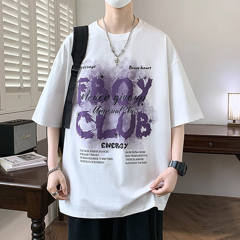 2025夏季新款男士短袖T恤青少年学院风印花百搭宽松学生半袖上衣