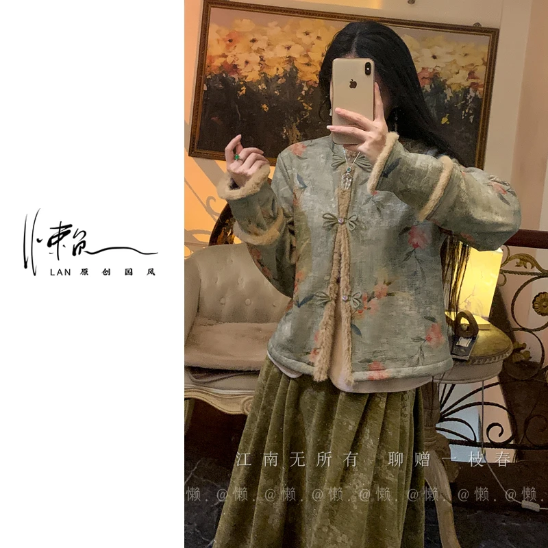 懒·江南「芙蓉雨」手工开襟外套系～加绒加厚针织绒提花外套