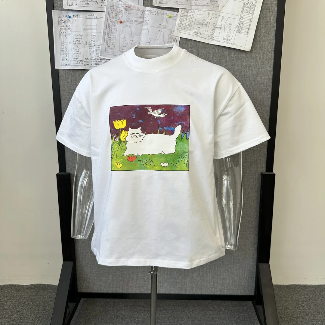 Basic annals美式复古重磅卡通短袖T恤半袖上衣300纯棉高领短袖