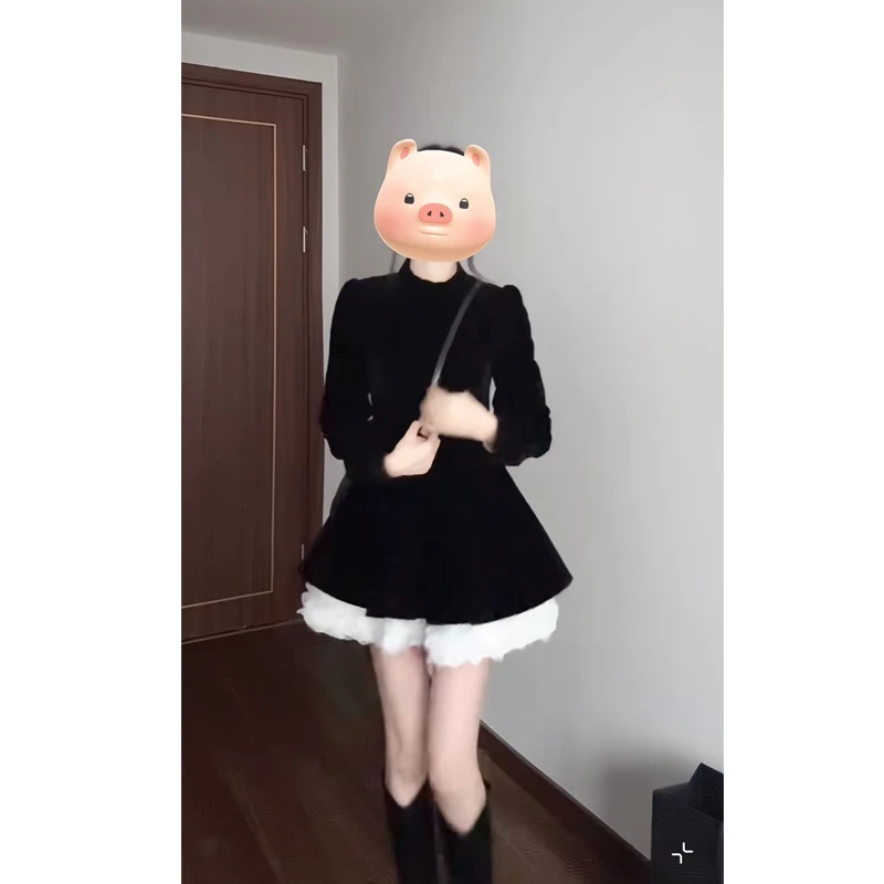 大码2025春秋新款丝绒拼接蕾丝显瘦长短款连衣裙气质减龄公主裙