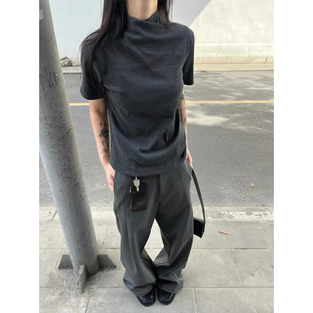 马煜 男女同款交叉连身领正肩和弦针织修身百搭短袖T恤纯色老钱风