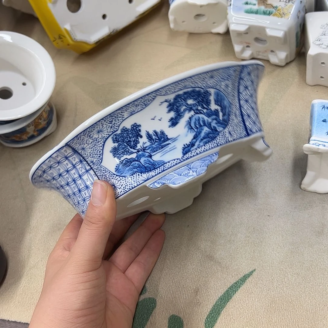 紫砂花盆818号瑕疵20/18/6.5cm仿手绘青花海棠