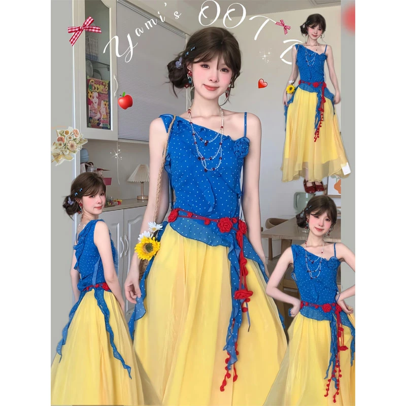 秋季新款荷叶边飘带斜肩无袖波点背心不规则上衣半身裙垂坠裙长裙