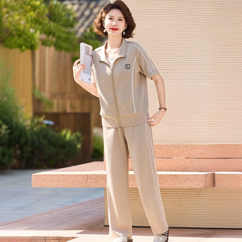 夏装中年妈妈短袖T恤套装2025新款40岁阔太太高贵气质减龄两件套