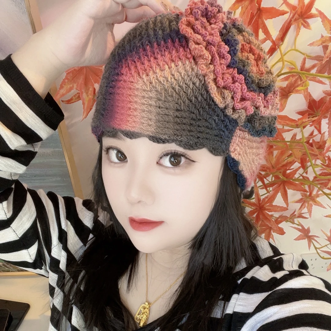 芙蓉花包头帽春季新款纯手工钩织渐变色随机发货