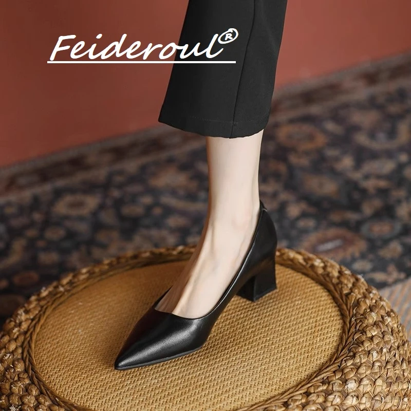 Feideroul羊皮粗跟面试女2025新款职业单鞋空乘公务员正装高跟鞋