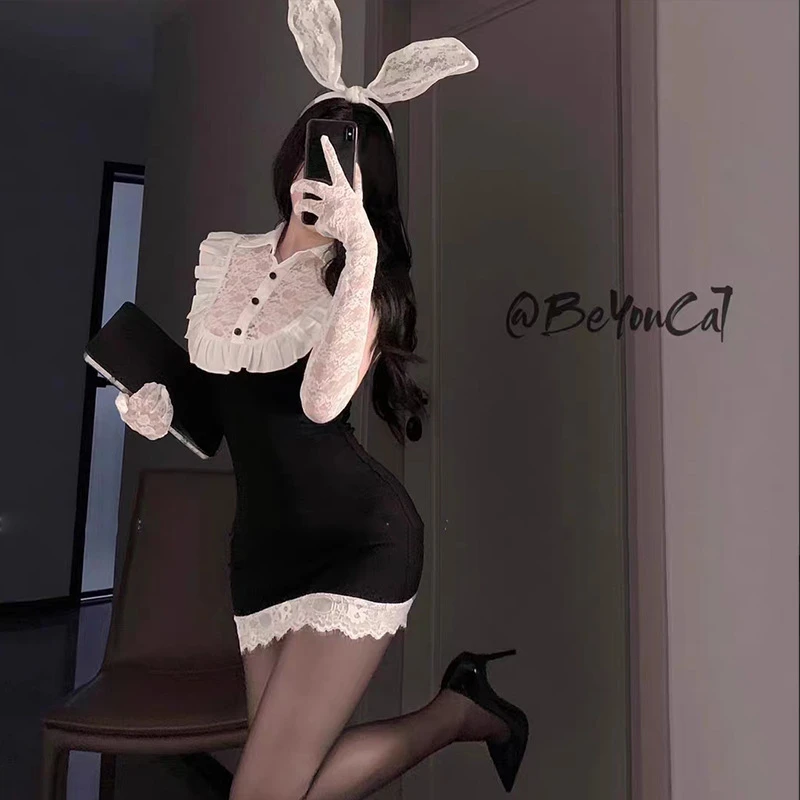 [兔兔秘书］夏季纯欲风蕾丝收腰显瘦包臀连衣裙女短款制服风裙子