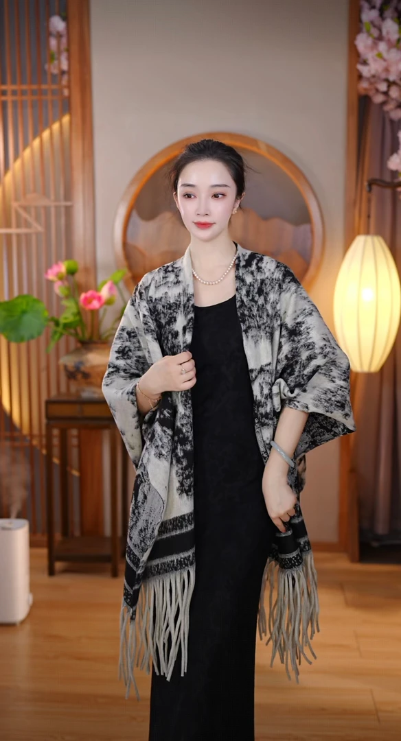 【莫寒分享】新中式国风山水画百搭披肩