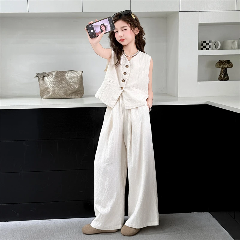 女童夏季亚麻套装2025新款女大童洋气马甲背心阔腿裤两件套亲子装