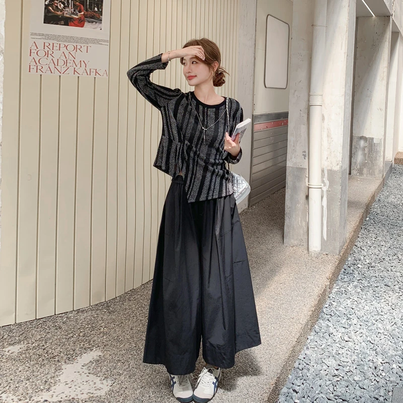 设计感不规则竖条纹上衣阔腿裤2025春秋新款松弛感显瘦ins风套装