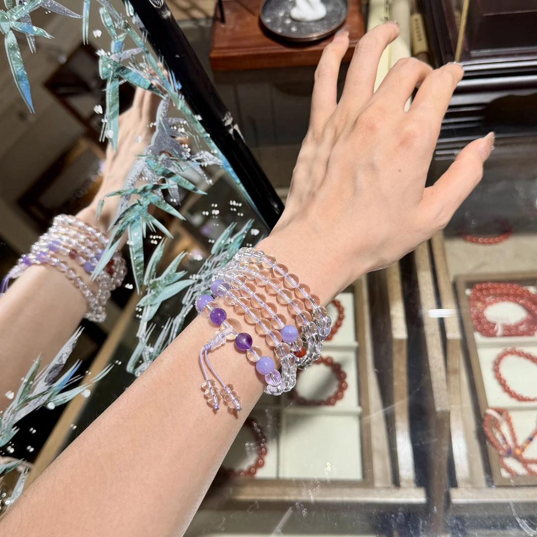 天然双A全净体白水晶紫水晶南红108颗念珠多圈手串6-9mm 孤品