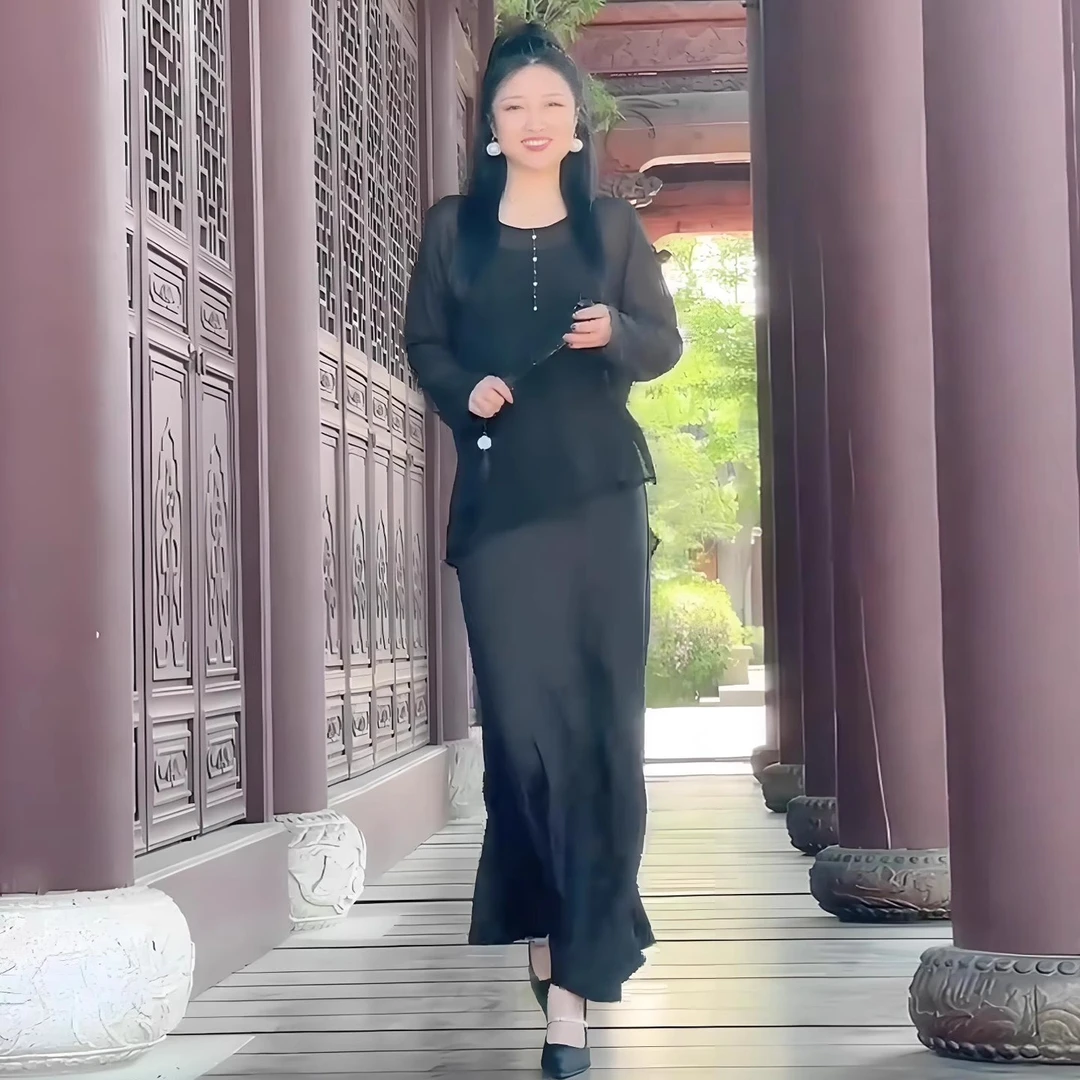 黑色套装裙女2025爆款洋气质显瘦不规则防晒衫长款半身裙两件套潮