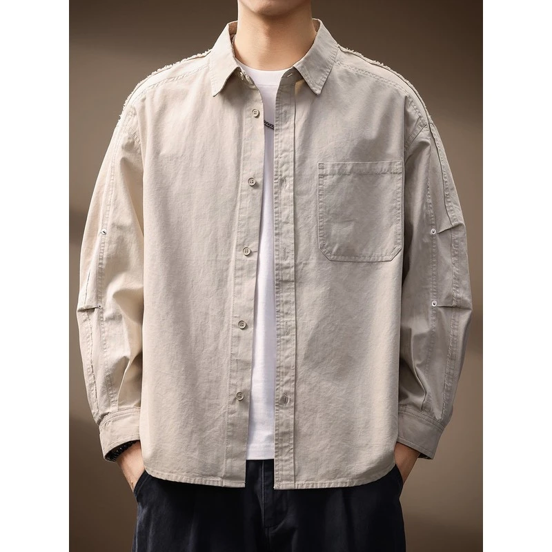 高端结构日系复古棉水洗工装衬衫男士秋季重磅休闲长袖衬衣外套