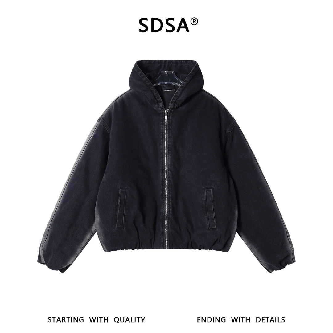 SDSA男士秋冬新款痞帅男装美式复古水洗连帽牛仔棉服外套百搭时尚