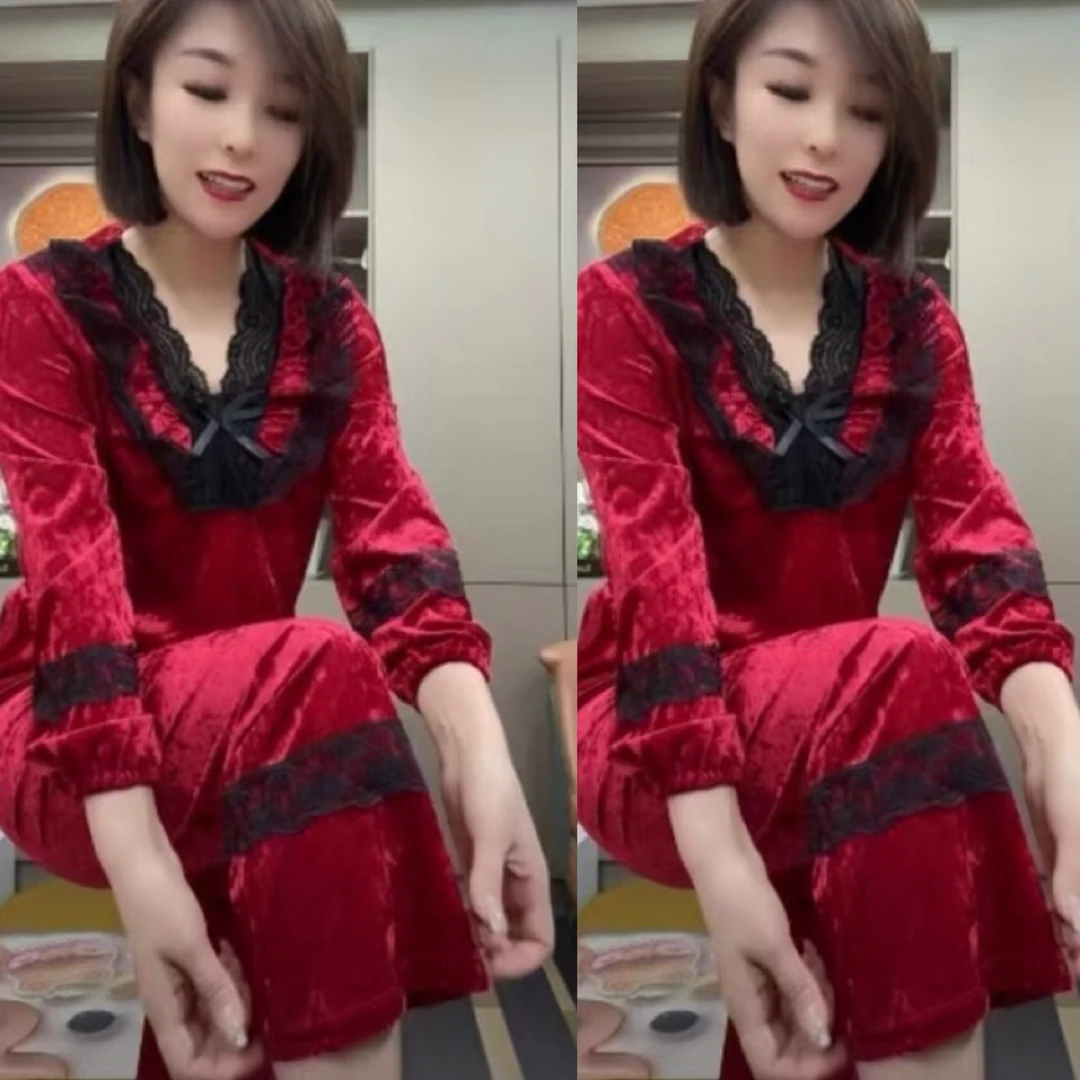 秋冬新款丝绒蕾丝拼接女士宽松睡衣家居服套装气质红色时尚大码