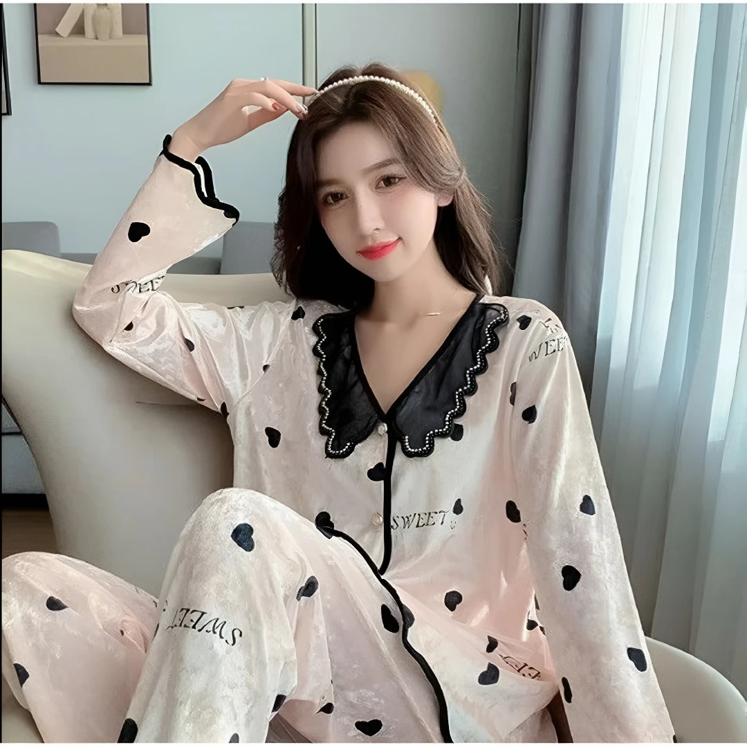 高级感金丝绒睡衣女冬季长袖长裤名媛小香风家居服套装宽松大码Q