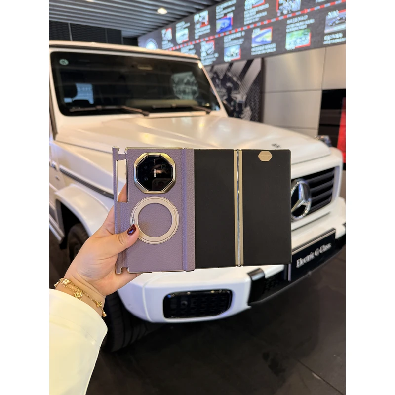 适用于华为MteXT/XTs三折叠纯皮双中轴支架手机壳 荔枝纹磨砂金边