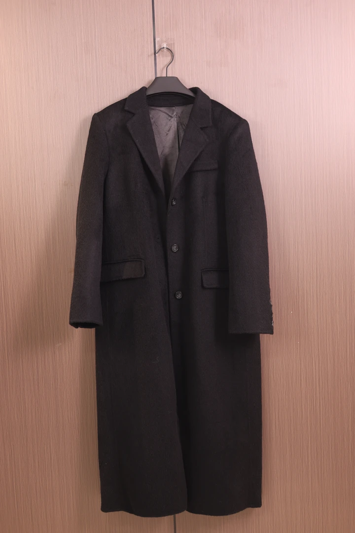 CH-1工厂长款黑色直下摆拼接宽袖厚款毛呢外套休闲毛呢呢大衣