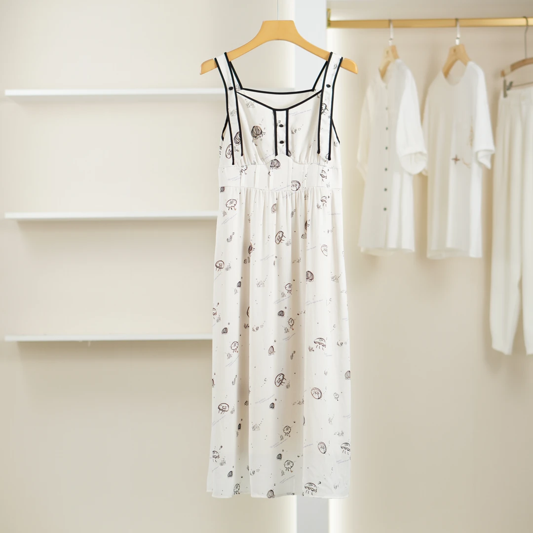 麦迪尚品【帕系列】Y574 夏季肩带温柔印花撞色性感吊带连衣裙