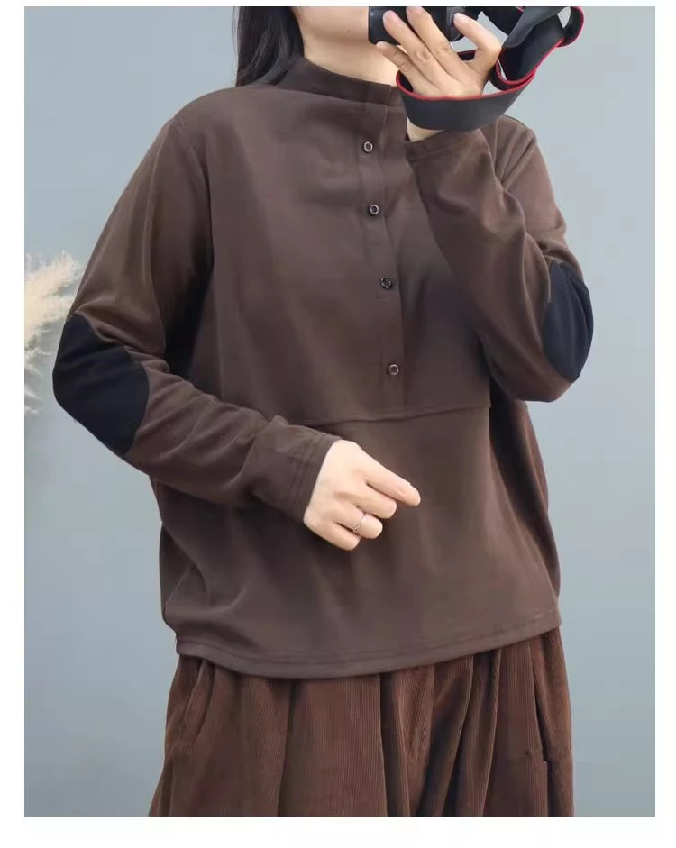 宽松舒适百搭拼接贴布长袖套头T恤女2025秋冬咖啡色半高领打底衫