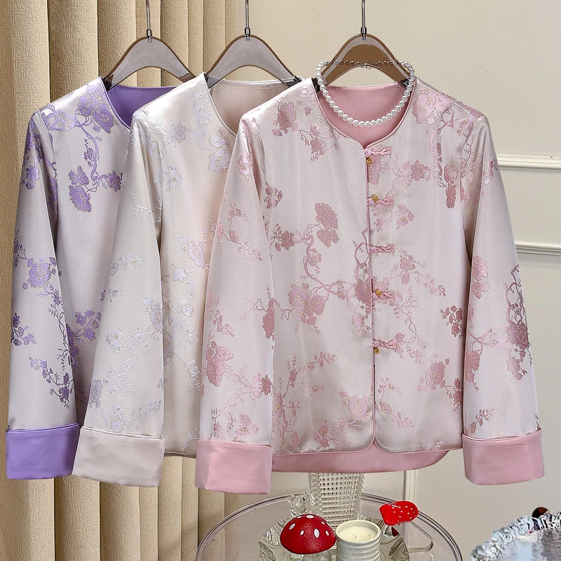 2025年春季新款桑蚕丝女新中式提花短外套长袖女士国风薄款上衣