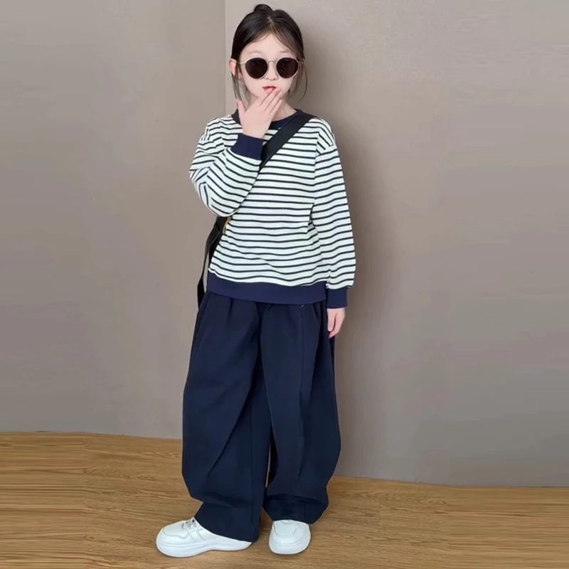 女童2025新款韩系时尚休闲条纹卫衣宽松阔腿棉布休闲裤两件套甜酷