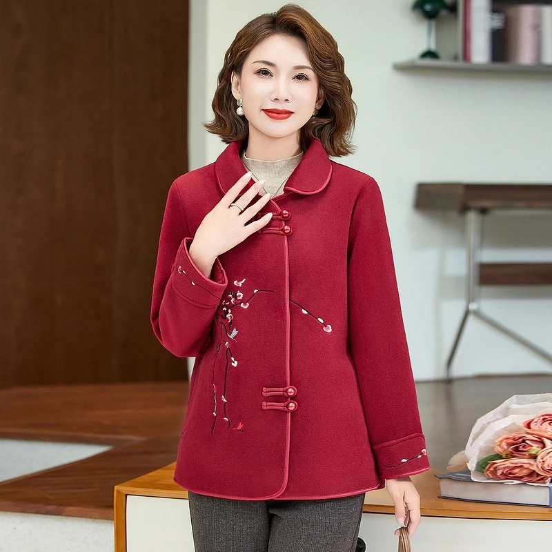 时尚中年妈妈春装毛呢外套中老年女春秋洋气新中式呢子上衣新款