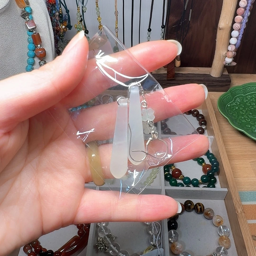 蛇纹石玉银S925镀金镶嵌耳钉水滴耳环