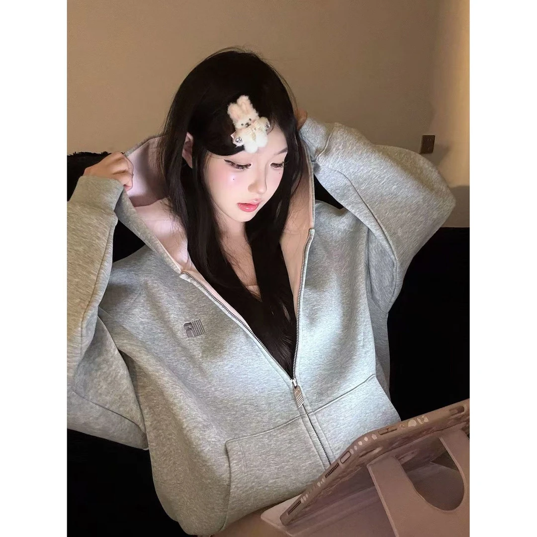 美式小众设计感连帽卫衣女秋冬宽松加绒加厚拉链开衫时尚洋气外套