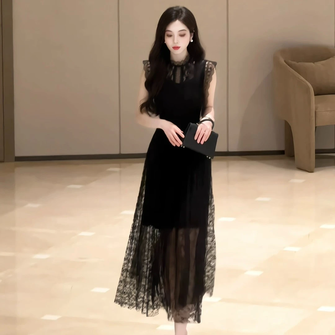 夜未眠 25夏气质洋气时尚知性超美显瘦黑色轻奢设计连衣裙1713石