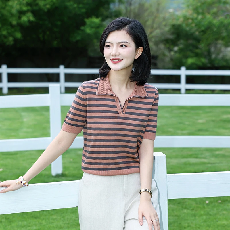 阿楠anan 细语呢喃 兰精天丝100莱赛尔Polo领条纹显白针织T恤女夏