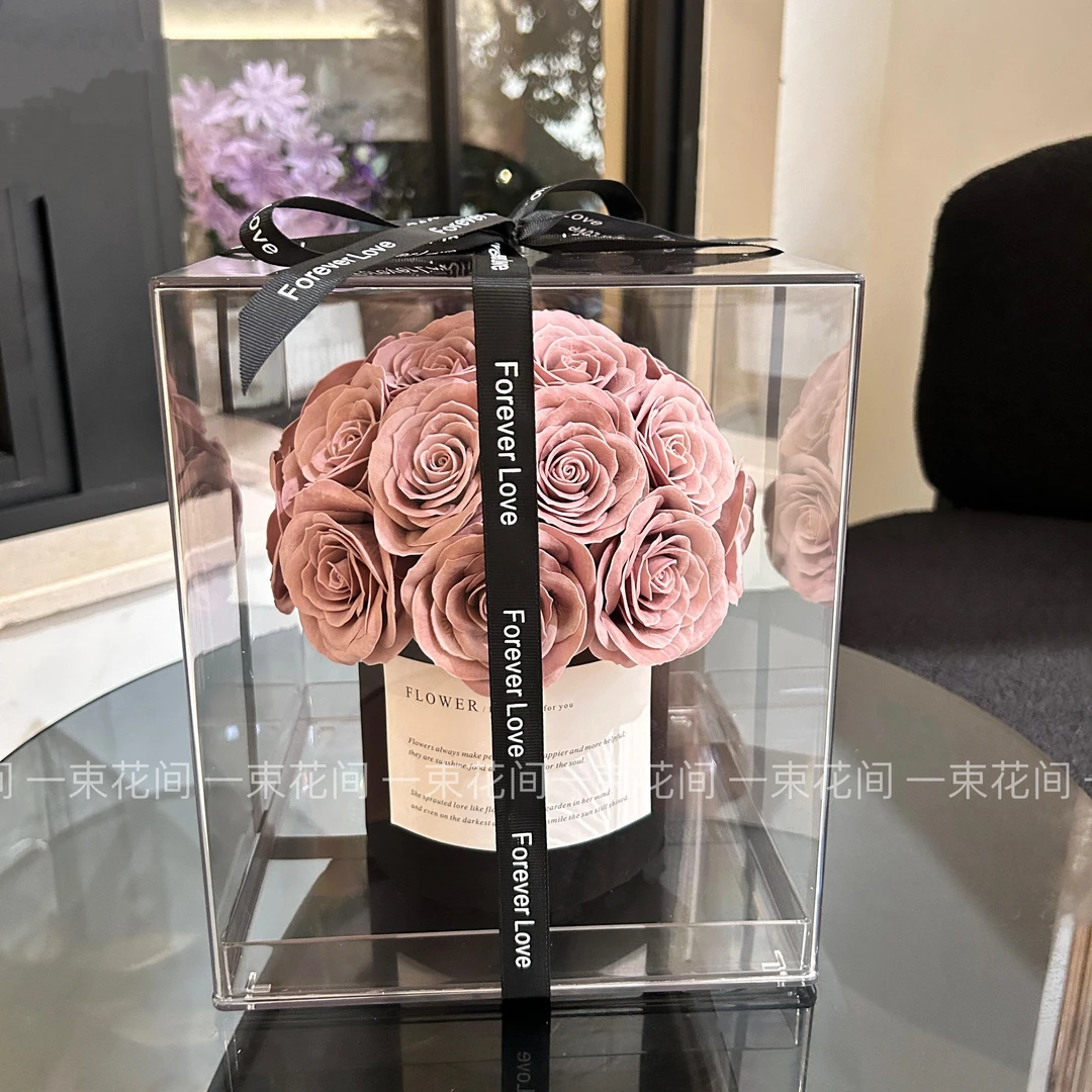 永生花玫瑰抱抱桶透明亚克力花盒花束生日礼物礼盒情人节成品