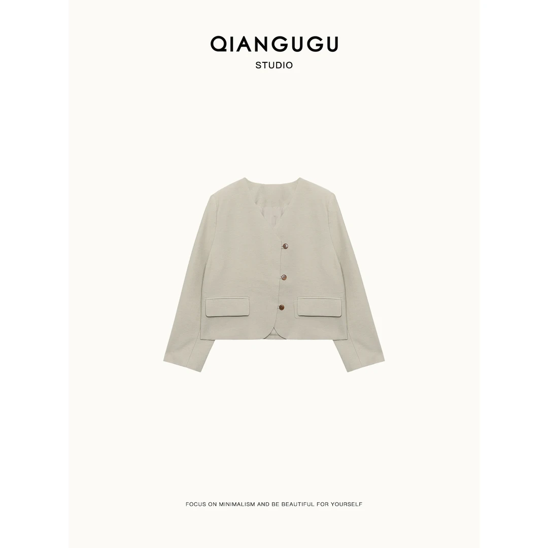 钱谷谷 不规则斜边纽扣V领短款西装外套 Q24031237