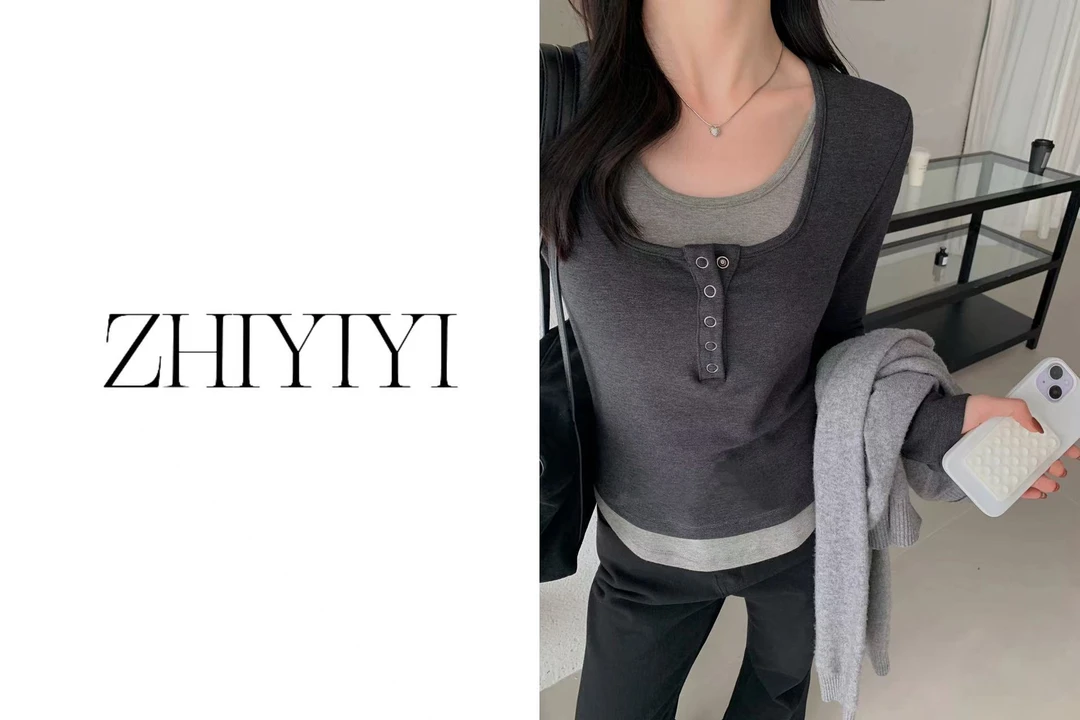 【ZHIYIYI】娟子推荐 9023款撞色假两件纽扣设计加绒长袖衫
