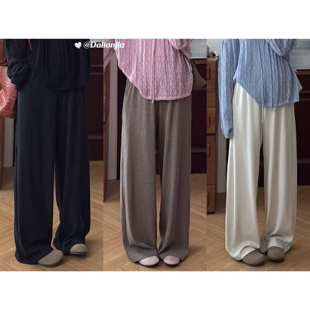 晶咕佳佳【焦糖松木】全腰松紧口袋缝线毛感阔腿长裤显瘦舒适高腰