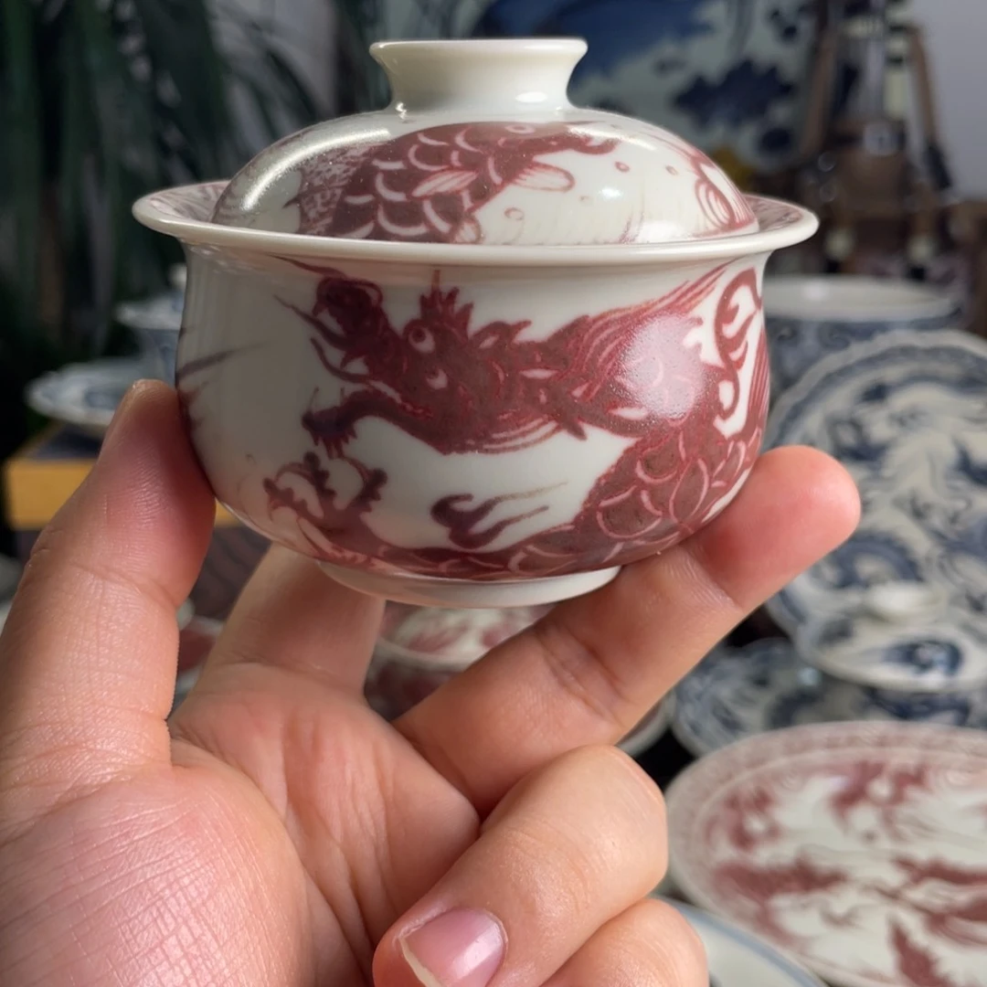 大***蜜青花釉里红鱼化龙盖碗微瑕