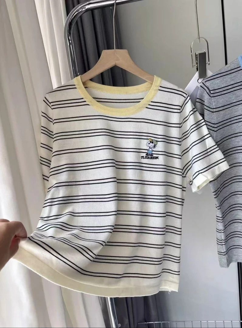 夏季新款条纹刺绣针织衫设计感时尚百搭冰丝夏季薄款小众上衣