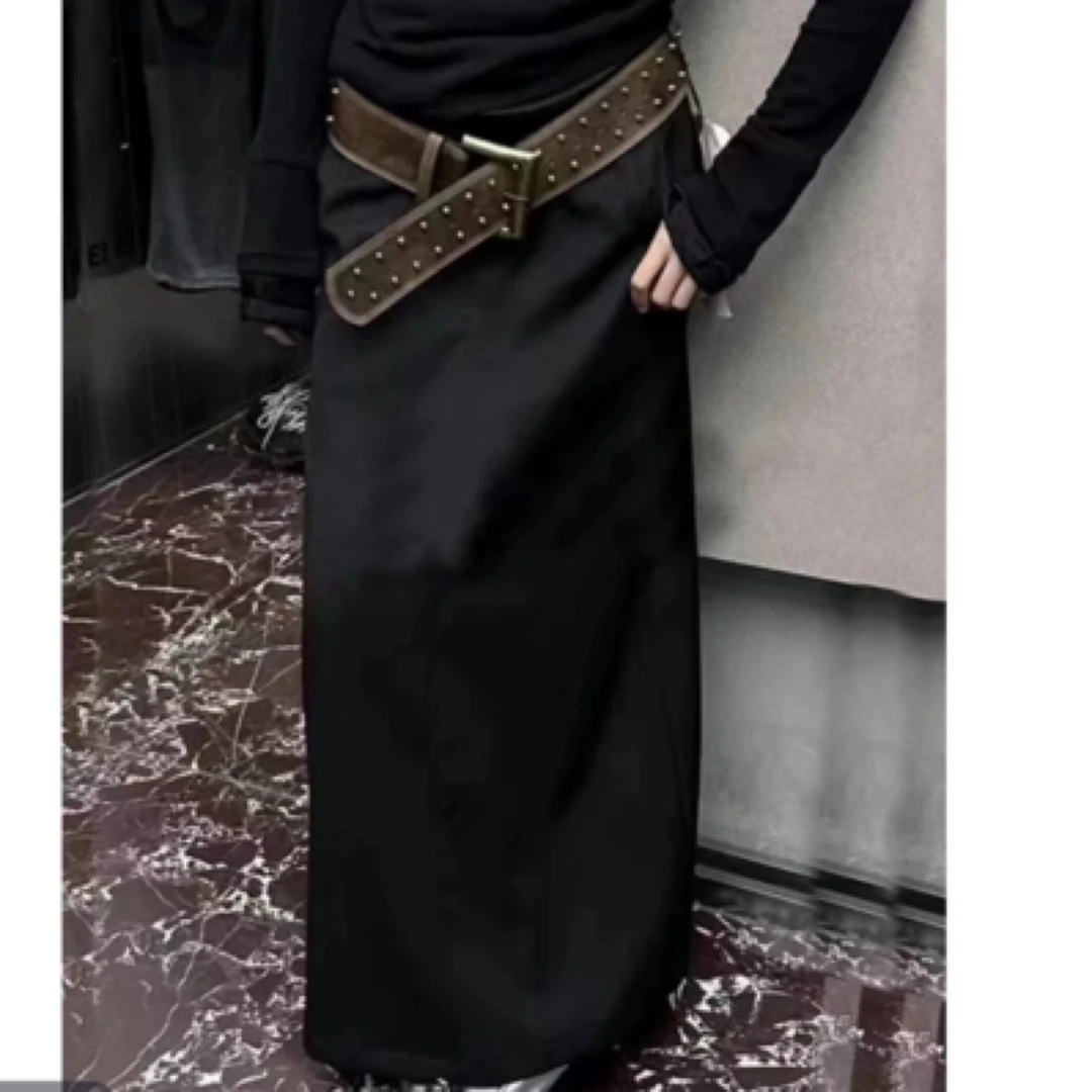 2025新款高腰H型中长款半身西裙春夏直筒设计感黑色配腰带