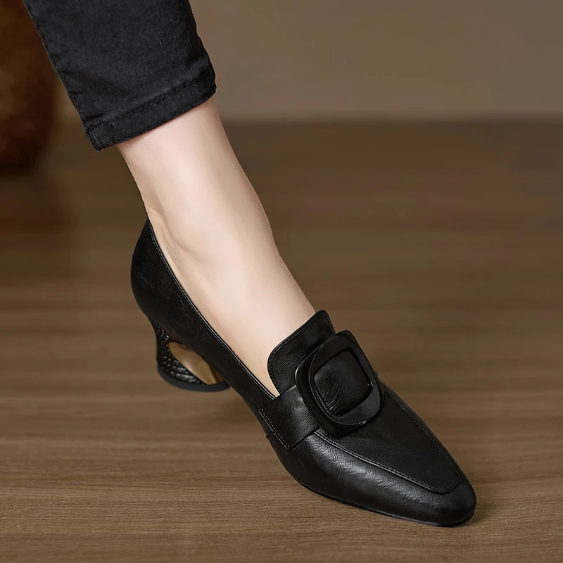 修悦5.5cm不累脚高跟鞋单鞋2025春季尖头黑色小皮鞋一脚蹬乐福鞋