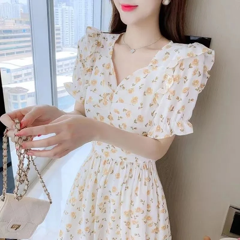 优品小清新初恋甜美黄色碎花裙年夏季新款显瘦遮肉仙女气质连衣裙