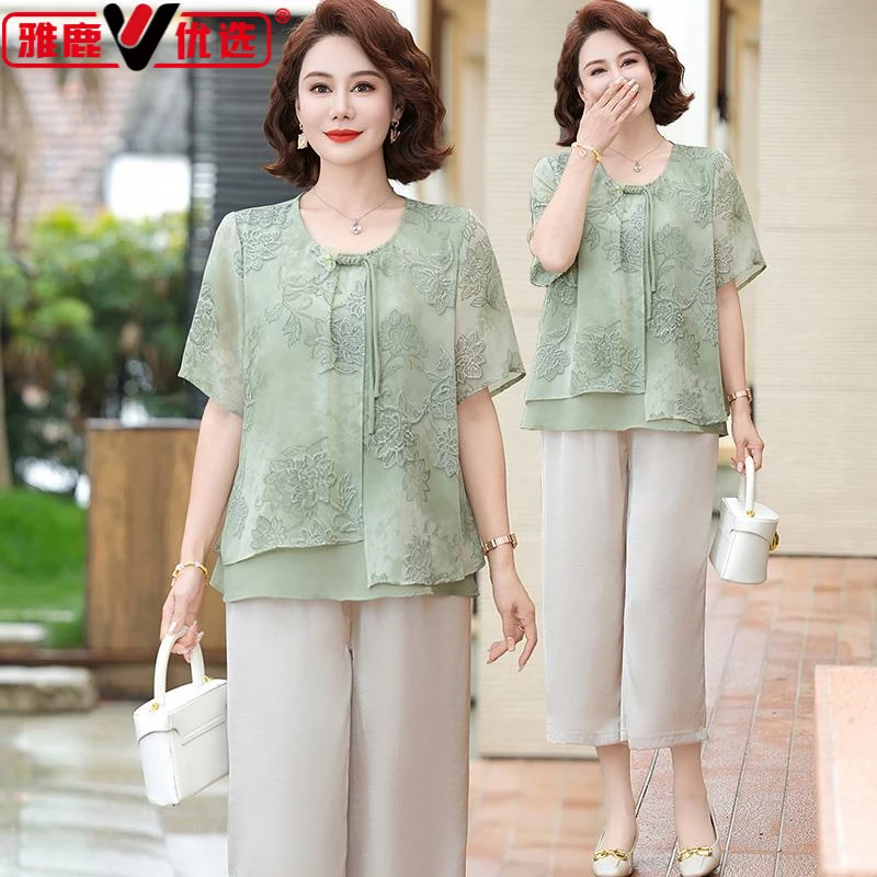 雅鹿优选中年妈妈夏装雪纺衫短袖上衣2025新款中老年女装洋气小衫
