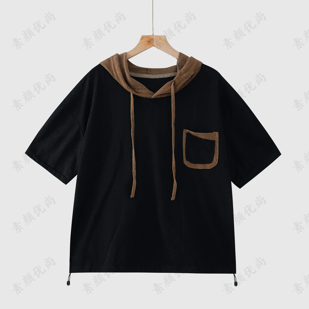 【素颜】2025春夏新款百搭拼色针织麻连帽短袖可调节上衣
