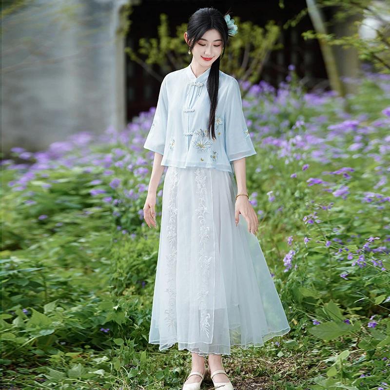 女士夏款中式刺绣女装中国风年轻款改良汉服套装禅意茶艺服装上衣