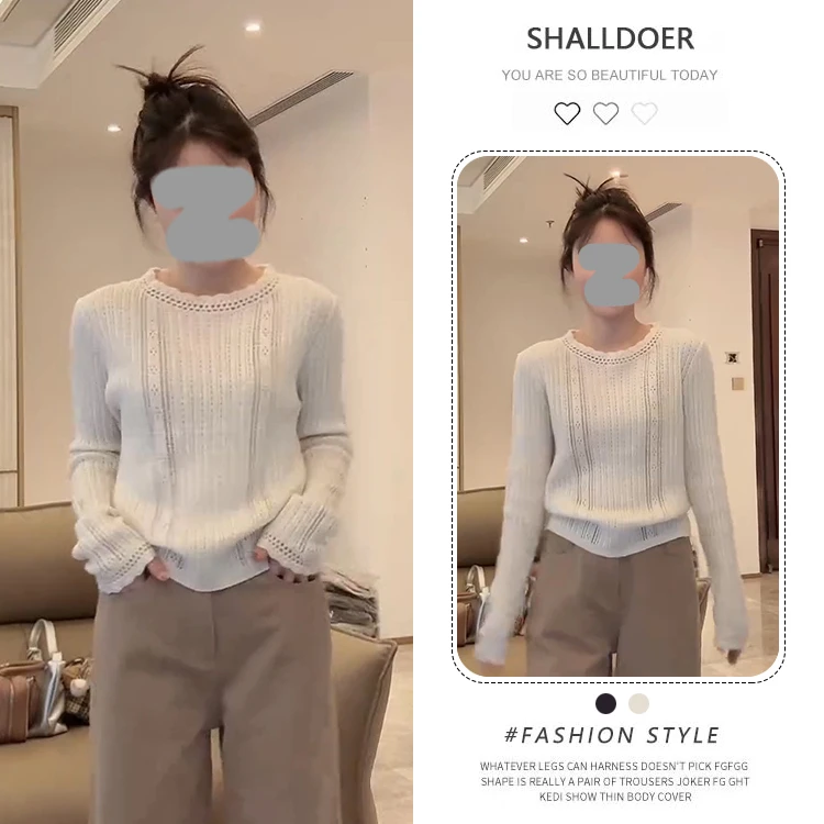 韩系小众镂空长袖针织衫毛衣女2025年春秋新款气质百搭打底衫上衣