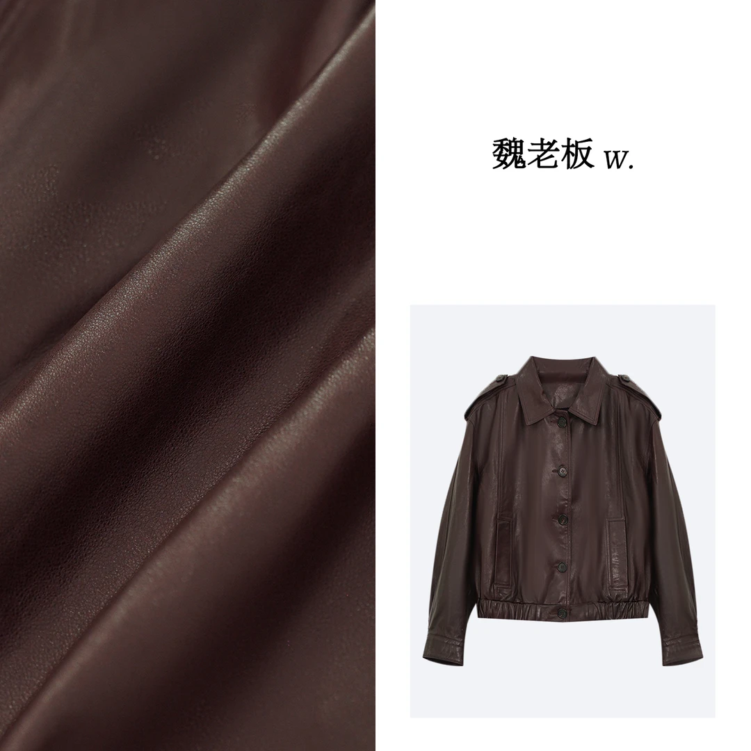 W.Diva【无人区玫瑰】棕色时尚百搭排扣翻领羊皮皮衣外套3C2929293