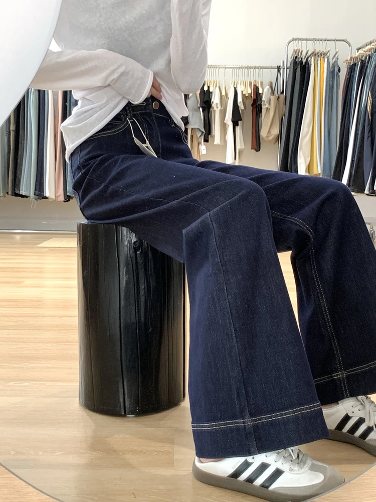 美式复古丹宁牛仔裤女秋季慵懒松弛感高腰直筒微喇拖地阔腿裤子